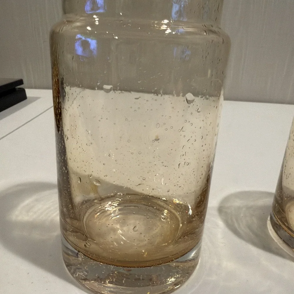 VTG MCM Amber Mouth‎ Blown Bubble Glass Decanter Tumbler Bedside Carafe 8.5